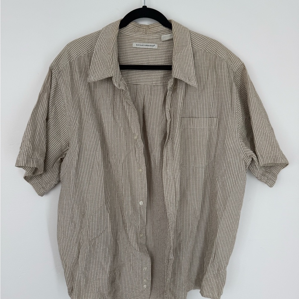 Vintage Knightsbridge Shirt XL Tan Gingham 100% Cotton Button Down Cottagecore